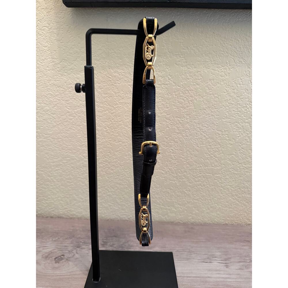 Vintage Celine Paris Black Leather Belt Gold Horse Carriage Size 65 XXS Italy